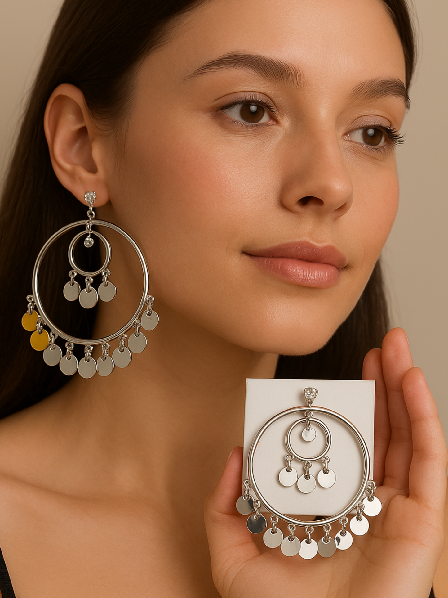 Stylish Silver Hoop Earrings with Dangling Disc Charms